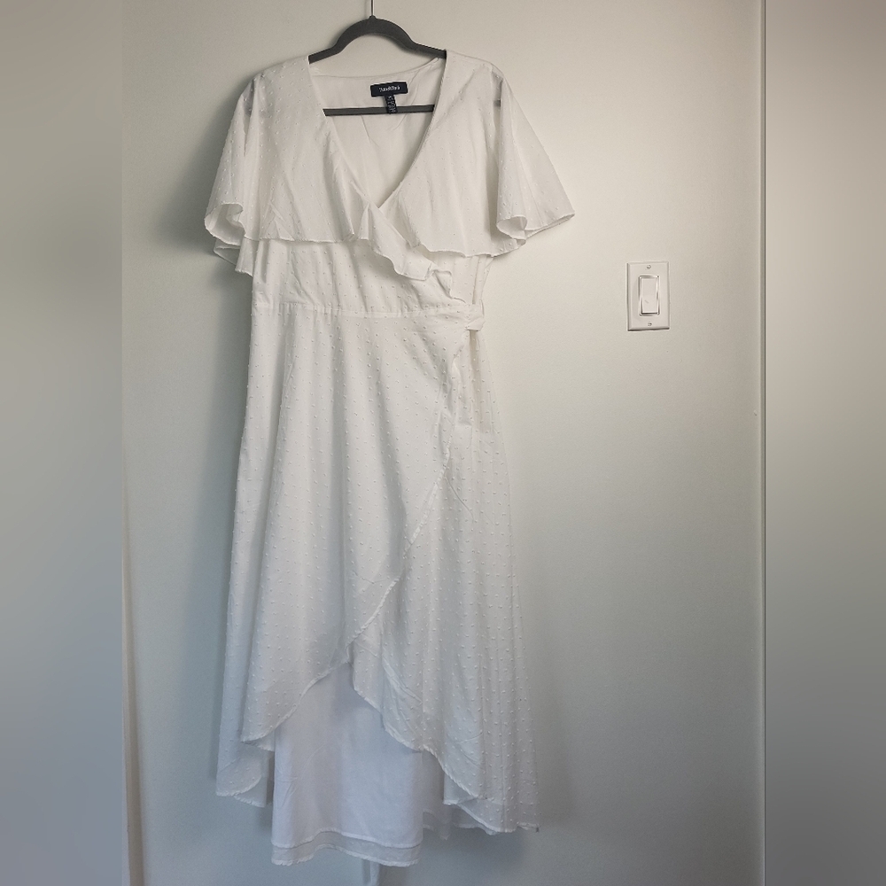 ModCloth White Swiss Dot Ruffle Wrap Maxi Dress